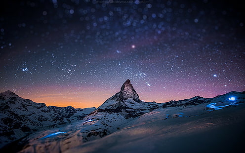 снежный пейзаж гора ночь звезды наклона сдвиг Маттерхорн Швейцария, HD обои HD wallpaper