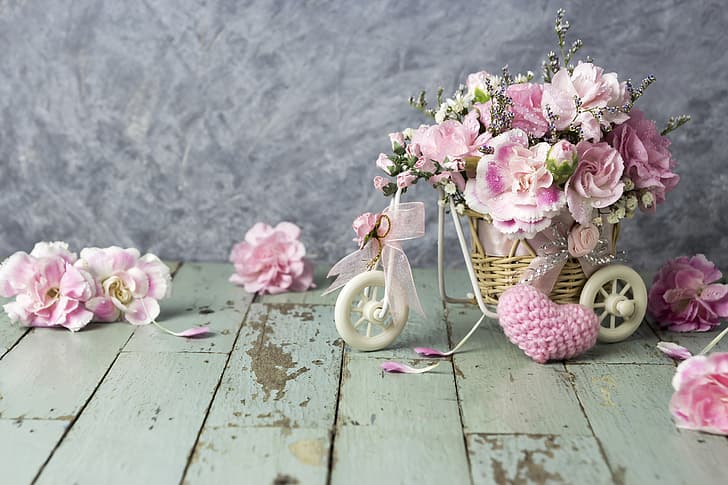 love, flowers, heart, petals, bucket, pink, vintage, wood, beautiful, romantic, HD wallpaper