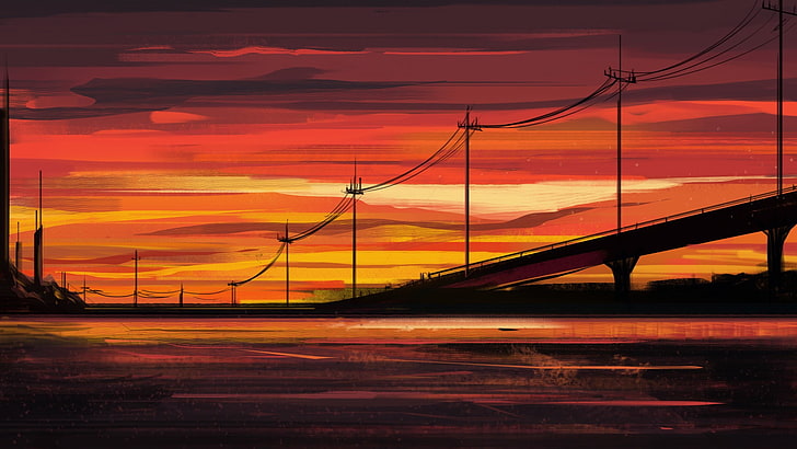 artwork, illustration, sunset, HD wallpaper
