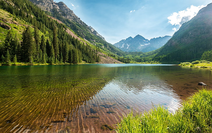 Grüner Berg und Fluss, Wald, Wasser, Bäume, Berge, See, Steine, der Boden, transparent, USA, Colorado, Maroon Bells, HD-Hintergrundbild