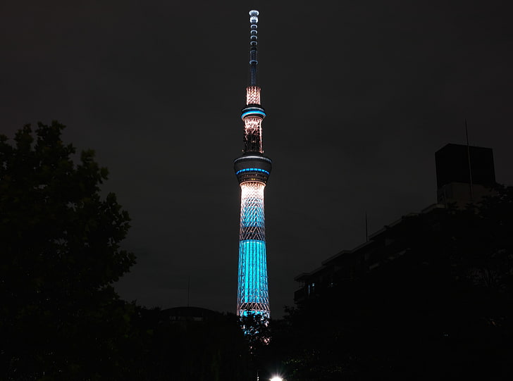 Nachtansicht Tokyos Skytree, Japan, blaues und weißes beleuchtetes Betongebäude, Aero, Schwarzes, Tokyo, skytree, Japan, Nachtansicht, Tokyo skytree, HD-Hintergrundbild