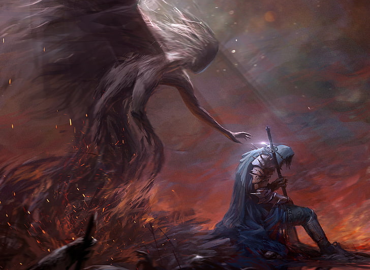 postać siedząca na skale trzymająca miecz ilustracja, wojownik, sztuka fantasy, sztuka cyfrowa, ogień, demon, Tapety HD