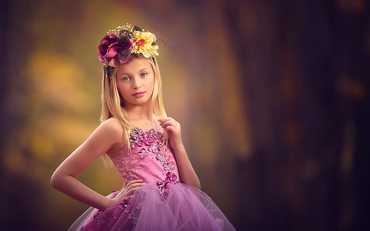 かわいい小さな女の子、花輪、紫のドレス、かわいい、小さな女の子、花輪、紫、ドレス、 HDデスクトップの壁紙