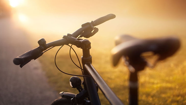 mountain bike nero, bicicletta, luce solare, veicolo, Sfondo HD
