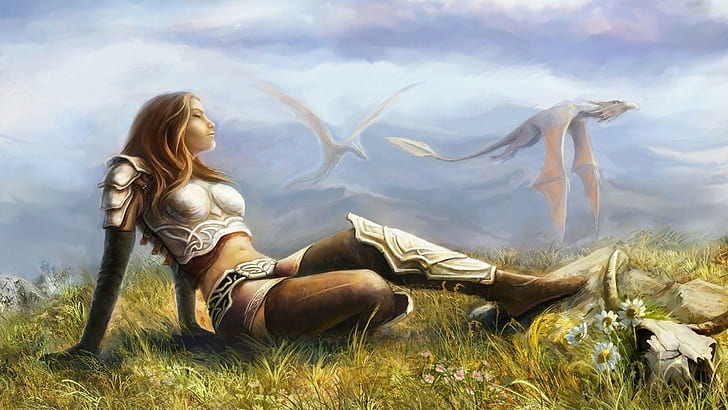 fantasy art, Wyvern, warrior, HD wallpaper