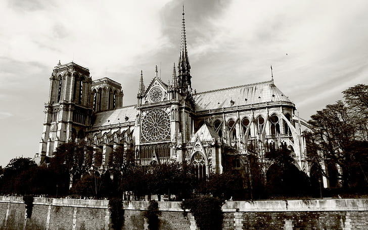 نوتردام دي باريس ، فرنسا ، باريس ، جميلة ، أبيض وأسود ، هندسة معمارية ، آثار ، نوتردام دي باريس ، العصور الوسطى، خلفية HD