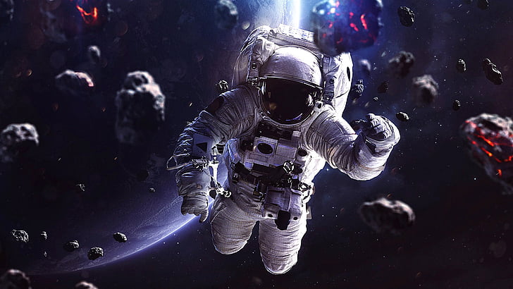 астронавт, вселенная, скала, тьма, космос, цифровое искусство, космос, земля, HD обои