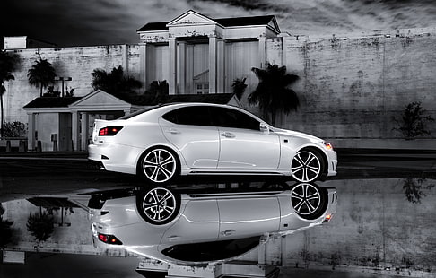 Lexus IS350 branco, branco, reflexão, Lexus, IS 350, foto preto e branco, F Sport, HD papel de parede HD wallpaper