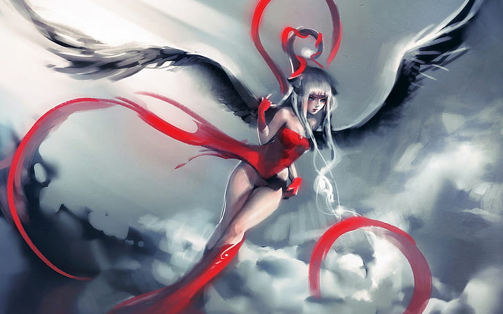 ilustrasi karakter anime putih dan hitam berambut panjang, malaikat, karya seni, Wallpaper HD