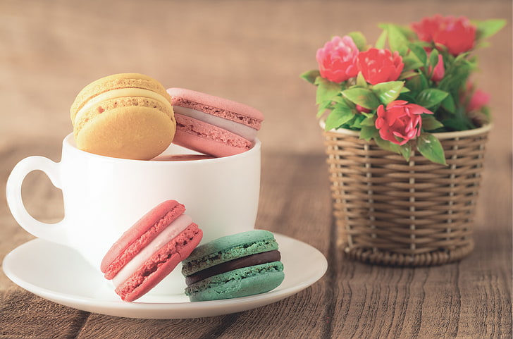 French macaroons, coffee, colorful, cookies, dessert, flowers, cup, sweet, macaron, almond, HD wallpaper