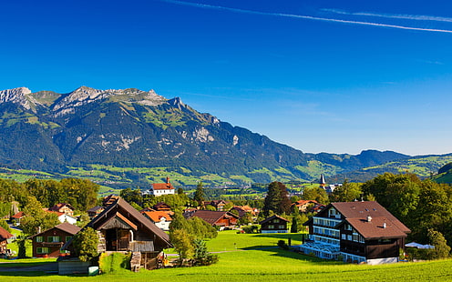スイス、アルプス、山、夏、自然、緑、家、茶色と灰色の木造住宅、スイス、アルプス、山、夏、自然、緑、家、 HDデスクトップの壁紙 HD wallpaper