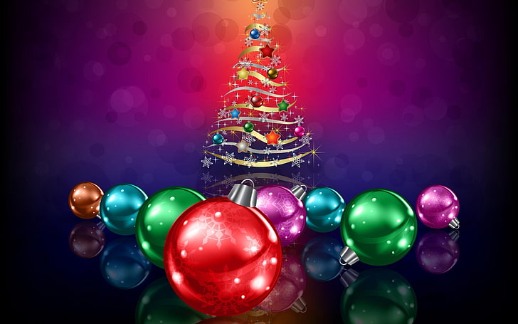 иллюстрации безделушек разного цвета, рождество, новый год, рождественские украшения, новогодняя елка, HD обои