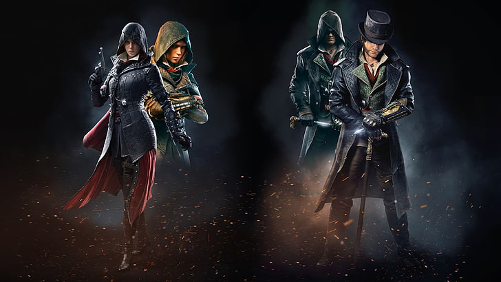 Assassin's Creed-Syndikat, Assassin's Creed, Jacob Frye, Evie Frye, Videospiele, Collage, Waffe, Mädchen mit Waffen, HD-Hintergrundbild
