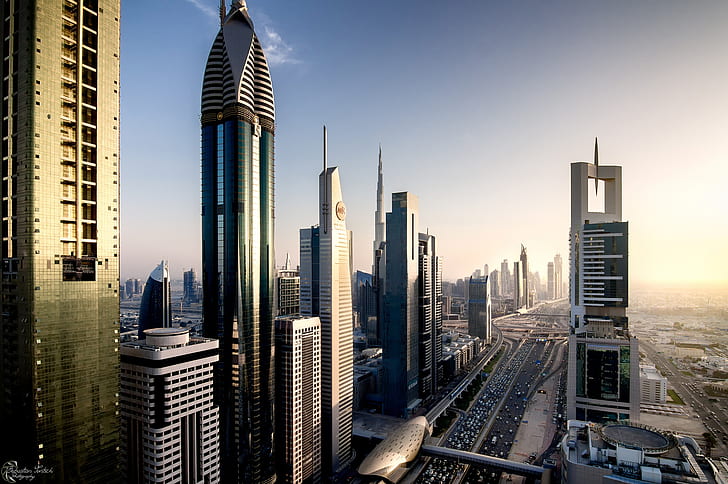 the city, home, the evening, Dubai, UAE, The motorway is named after Sheikh Zayed, HD wallpaper