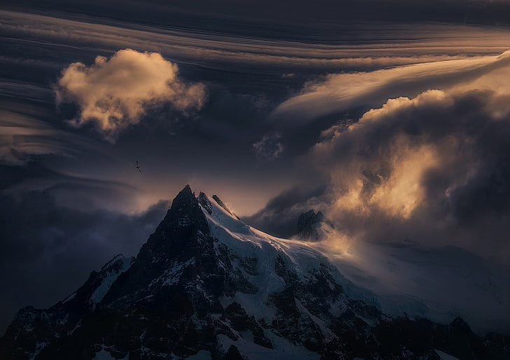 gunung putih dan hitam, lanskap, gunung, awan, salju, Wallpaper HD
