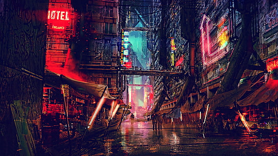 street, art, artwork, digital art, futuristic city, darkness, science fiction, scifi, cyberpunk, city, night, people, road, hotel, city lights, sci-fi, light, HD wallpaper HD wallpaper