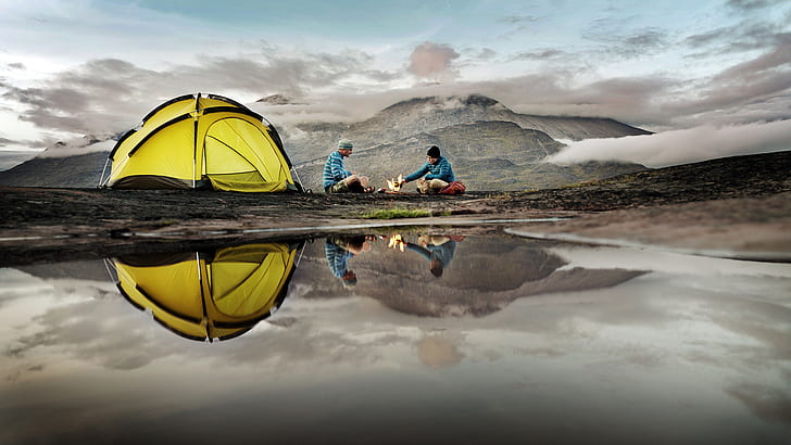 Tent Reflection Camp Camping HD, yellow and black outdoor tent, nature, reflection, camp, camping, tent, HD wallpaper