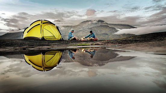Tent Reflection Camp Camping HD, yellow and black outdoor tent, nature, reflection, camp, camping, tent, HD wallpaper HD wallpaper