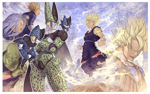 anime, Cell (karakter), Dragon Ball, Dragon Ball Z, Piccolo, Son Gohan, Son Goku, Trunks (karakter), Vegeta, Wallpaper HD HD wallpaper