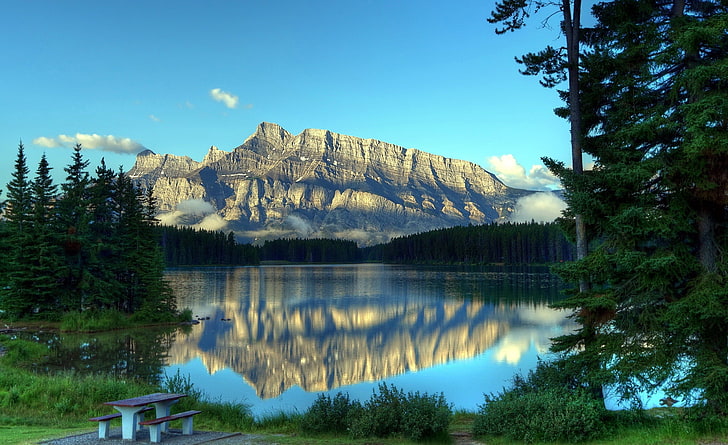 灰色の山と湖、昼間、自然、山、木、湖で緑の松の木、 HDデスクトップの壁紙