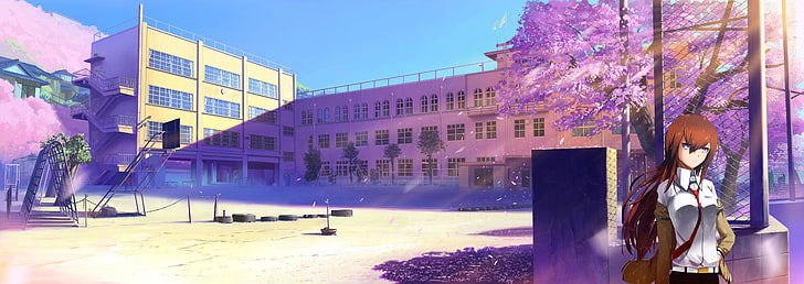 ilustrasi karakter anime wanita berambut merah, sekolah, sakura, langit cerah, Wallpaper HD