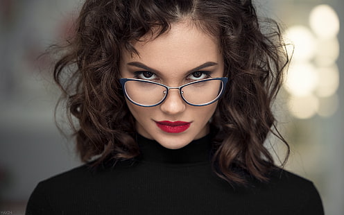 mujeres, cara, retrato, mujeres con gafas, lápiz labial rojo, Fondo de pantalla HD HD wallpaper