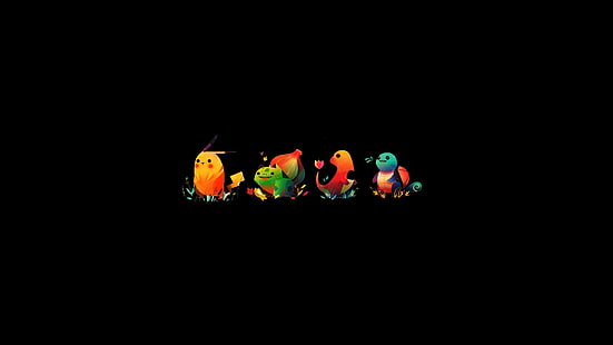 Ilustracja Pokemon, Pokémon, Pikachu, Bulbasaur, Charmander, Squirtle, czarne, czarne tło, minimalizm, Tapety HD HD wallpaper