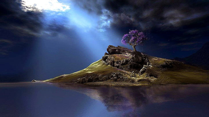 мечтателен, лунен, скала, море, облак, самотно дърво, езеро, пейзаж, езеро, самотно дърво, остров, произведения на изкуството, вода, фантастично изкуство, отражение, небе, природа, нощ, дърво, лунна светлина, HD тапет