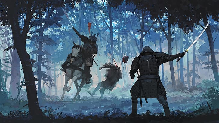 artwork, samurai, drawing, war horse, fighting, digital art, battle, horse riding, HD wallpaper