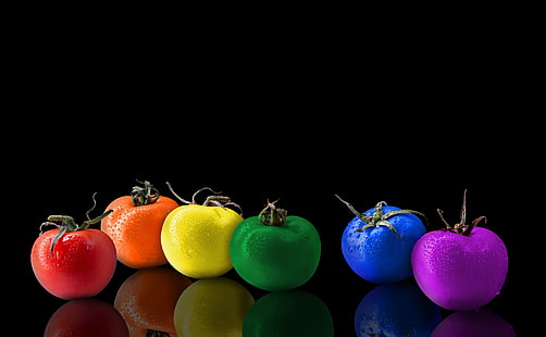 Easter Tomatoes, six tomatoes wallpaper, Aero, Black, Colorful, Rainbow, Color, Colored, Background, Easter, Reflection, Spectrum, Kitchen, tomato, tomatoes, HD wallpaper HD wallpaper