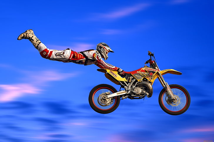 red, yellow, and black off-road motorcycle, jump, motorcycle, bike, motocross, HD wallpaper