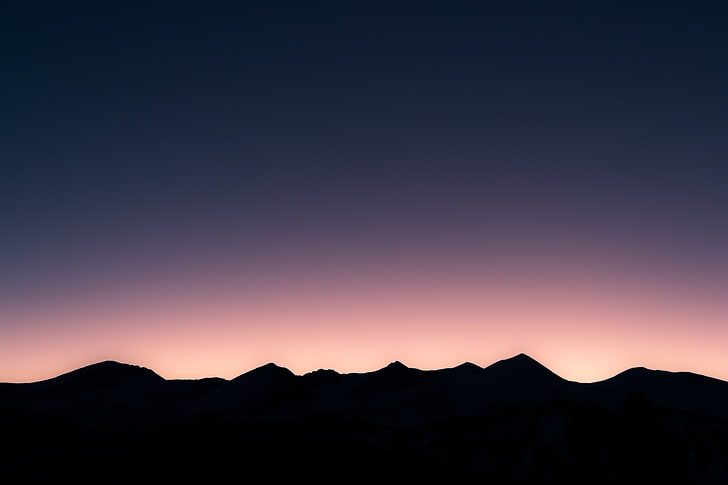 landscape, hills, silhouette, sunrise, purple sky, HD wallpaper