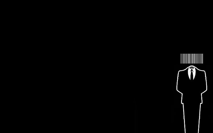 logo anonyme, costume, smoking, code à barres, noir, Fond d'écran HD