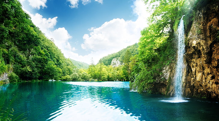 blue waterfalls, mountains, place, waterfall, Laguna, blue, Paradise, Perfect waterfall, HD wallpaper