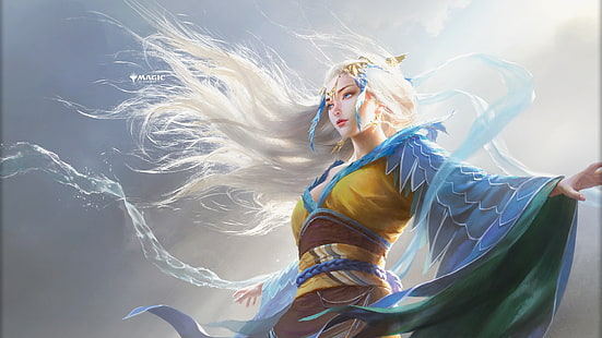 karya seni, seni fantasi, gadis fantasi, wanita, rambut putih, mata biru, Sihir: The Gathering, Mu Yanling, Wallpaper HD HD wallpaper