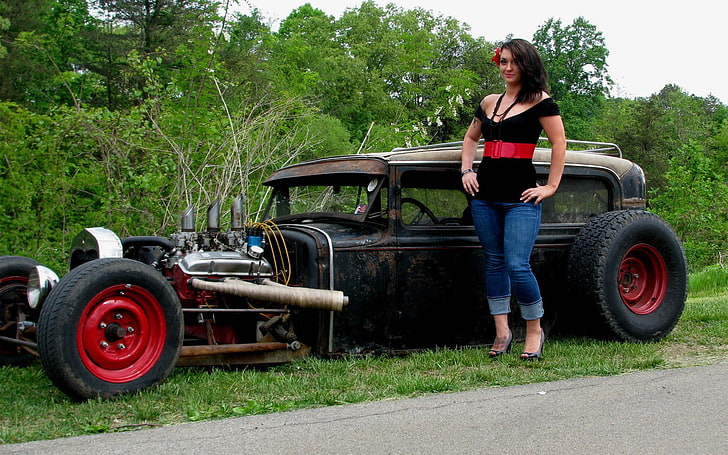 vintage black car, auto, girl, hot road, Ford Model A Sedan 1930 Rat Rod (Carl's Custom Cars), HD wallpaper