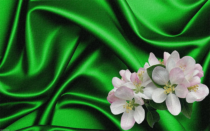 rendering, sfondo, collage, figura, immagine, tela, fiori di melo, seta verde, le pieghe del tessuto, fiori primaverili, Sfondo HD