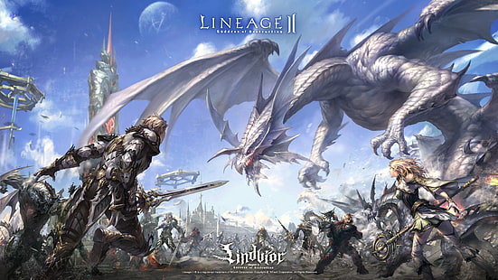 Fondo de pantalla de Lineage II, dragón, personas, elfos, Lineage 2, linaje, enano, línea, fondos de pantalla del juego, la2, Goddess of Destruction, Lindvor, Lindvior, Fondo de pantalla HD HD wallpaper