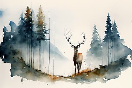 Sztuka AI, malarstwo, jeleń, akwarela, drzewa, Tapety HD HD wallpaper
