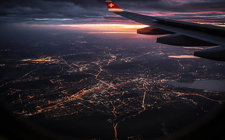 zdjęcie lotnicze miasta, przyrody, krajobrazu, samolotu, okna, pejzażu miejskiego, chmur, widok z lotu ptaka, zachód słońca, światła, niebo, latanie, Tapety HD