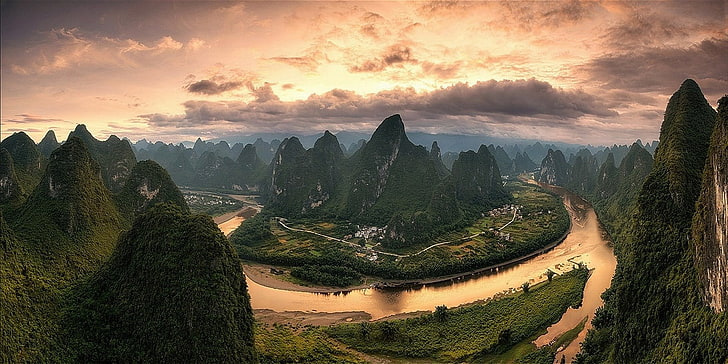 природа, пейзаж, облаци, панорами, река, планини, хълмове, поле, град, гора, Китай, HD тапет