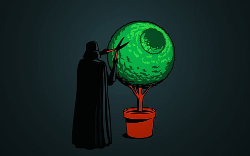 Darth Vader trimming plant artwork, Darth Vader, Death Star, humor, Star Wars, HD wallpaper HD wallpaper