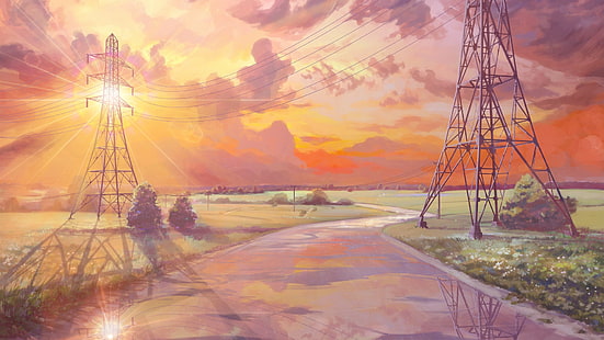 두 개의 회색 분배 타워, 반사, 전력선, 영원한 여름, 구름, 태양 광선, 도로, 전신주, 시각 소설, HD 배경 화면 HD wallpaper