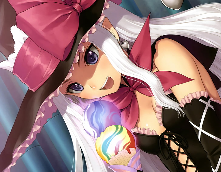 personaje de anime femenino de pelo blanco, corazones brillantes shiawase no pan, niña, sombrero, helado, bruja, Fondo de pantalla HD