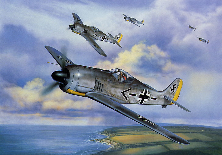 cinque aerei da combattimento grigi, guerra, arte, pittura, aviazione, Fw 190, ww2, caccia tedesco, Sfondo HD