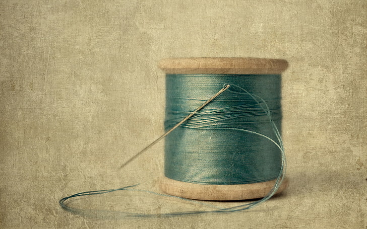 teal sewing thread and needle, macro, style, background, thread, needle, HD wallpaper
