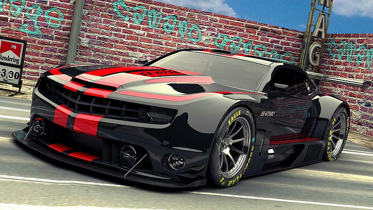 illustrazione di auto sportiva nera e rossa, Chevrolet, Chevrolet Camaro, Chevy Camaro SS-GT502, auto, veicolo, macchine nere, Sfondo HD