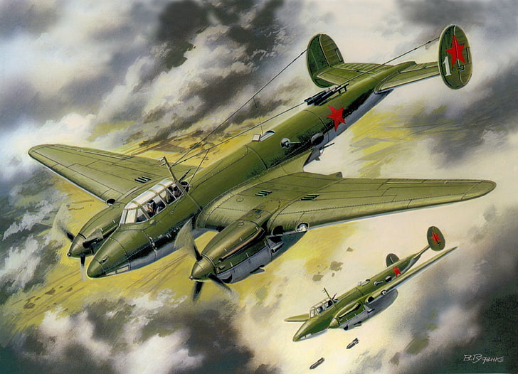green monoplane illustration, the sky, figure, art, bombers, PE-2, Soviet, dive, WWII, bombing, HD wallpaper