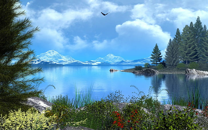 湖の木山の風景cghd壁紙無料ダウンロード Wallpaperbetter