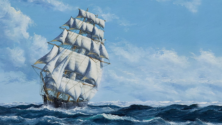 galleon ship illustration, Artistic, Painting, Adventure, Ocean, Sea, Ship, Water, Wave, HD wallpaper